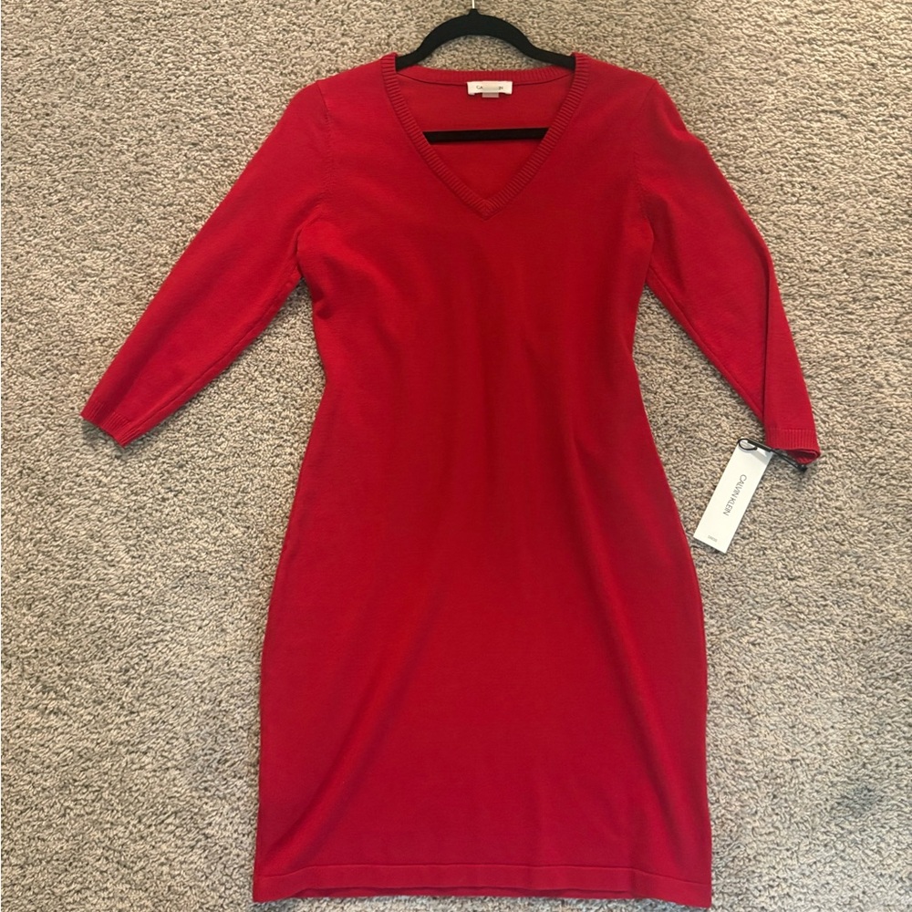 Calvin Klein Red Long Sleeve Sweater Dress